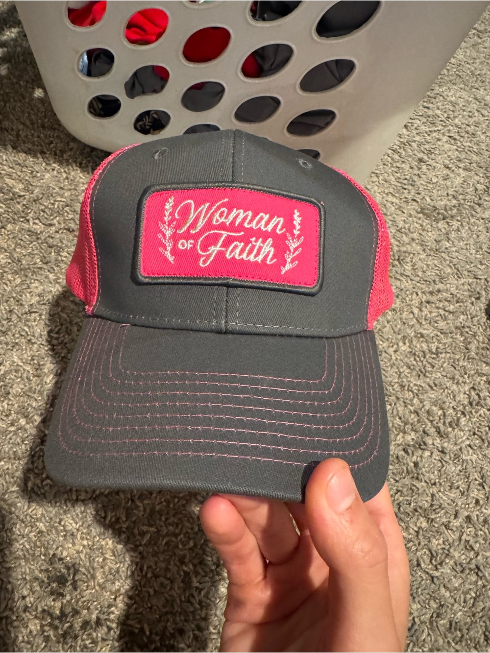 Woman of Faith Pink and Gray Trucker Hat